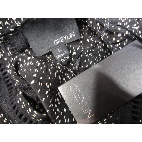 GREYLIN Leeman Keyhole silk blouse WOMEN L Black white - Picture 4 of 6